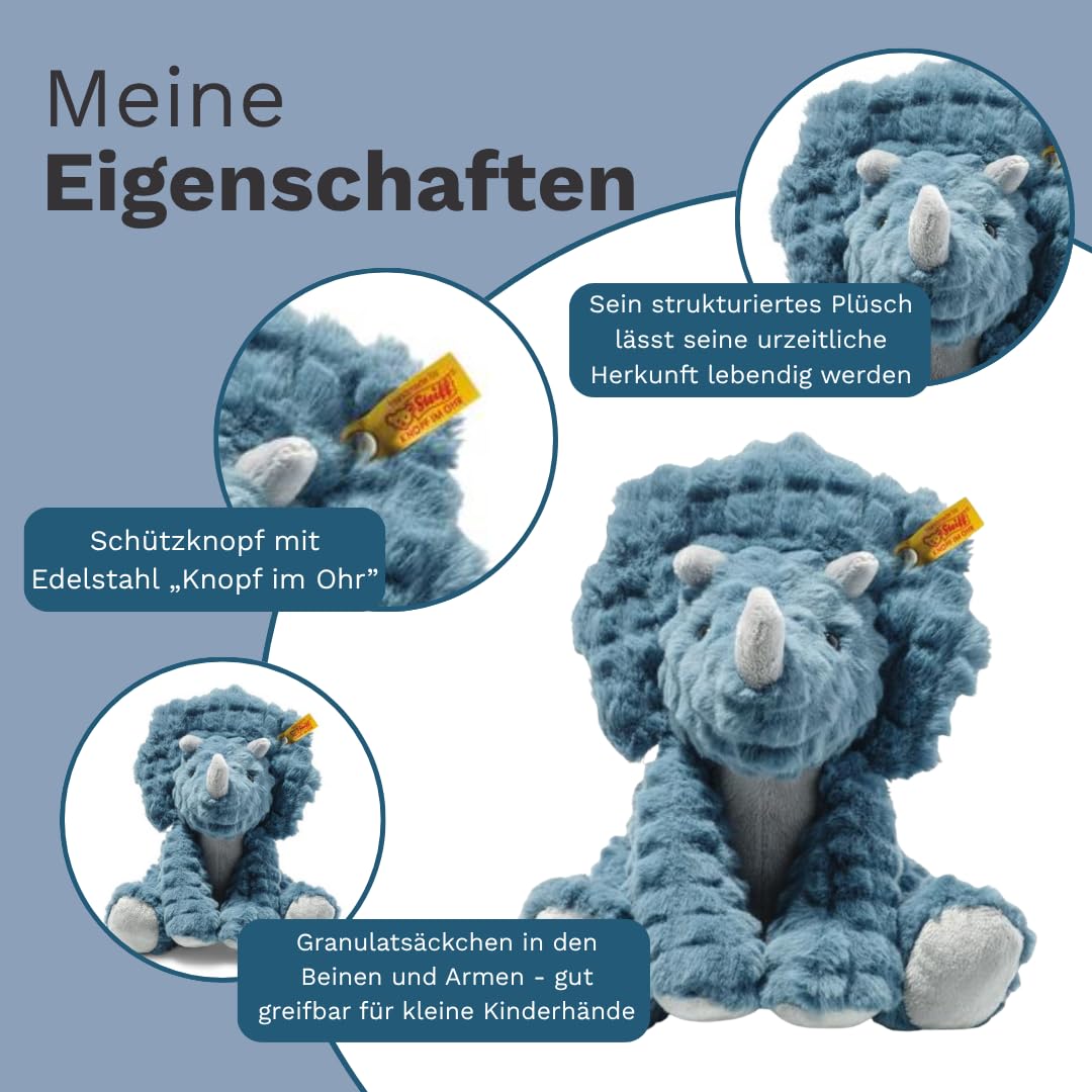 Steiff Soft Cuddly Friends Dixi Triceratops Petrol 28 cm, Dinosaurier Kuscheltier aus kuschelweichem Plüsch