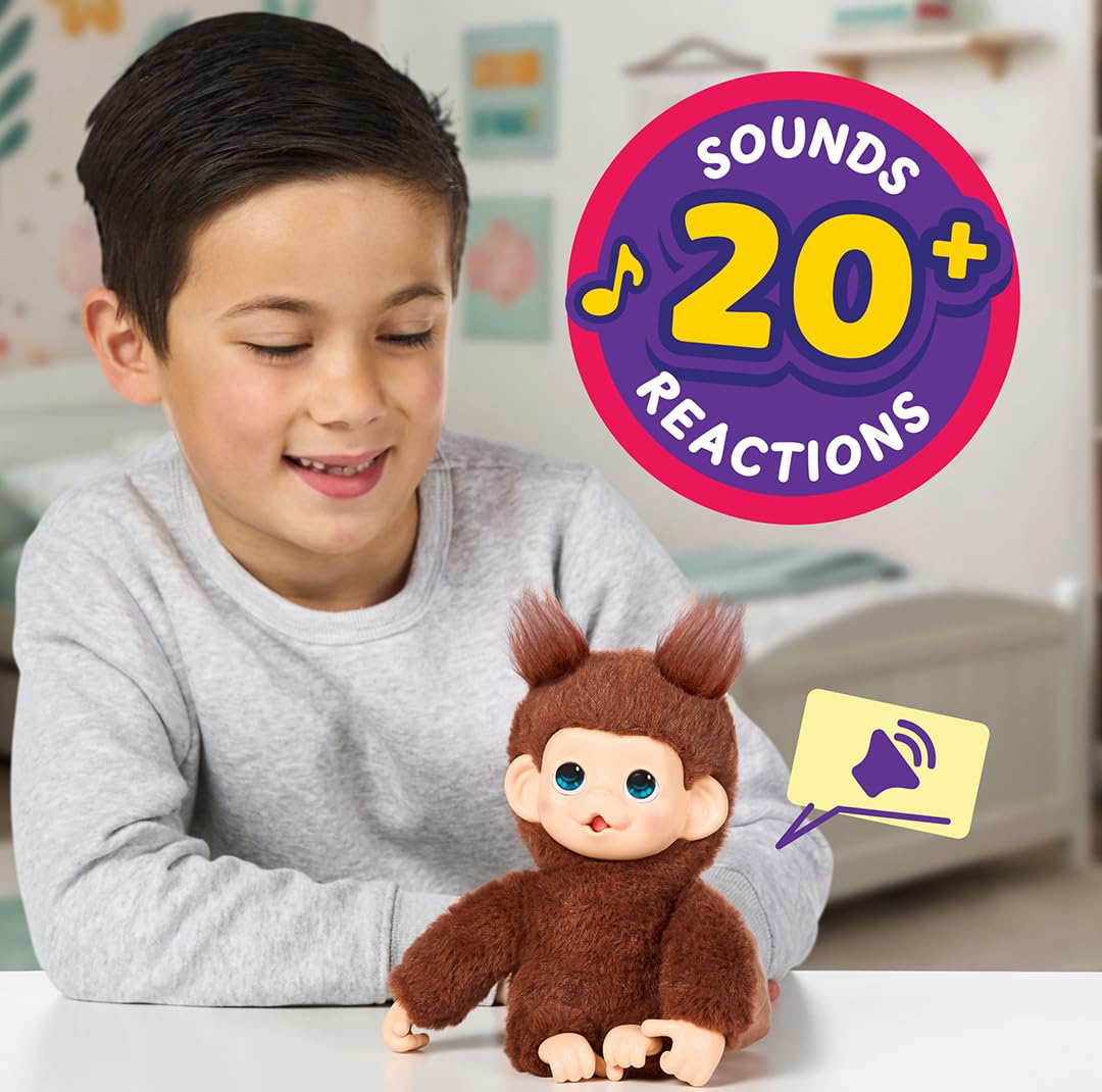 Little Live Pets Baby Monkey Minis – interaktiver Plüschaffe Chikki Cherry mit über 20 realistischen Geräuschen & Reaktionen, 18,8 cm, weiches braunes Fell und griffige Hände & Füße, sammle alle 3