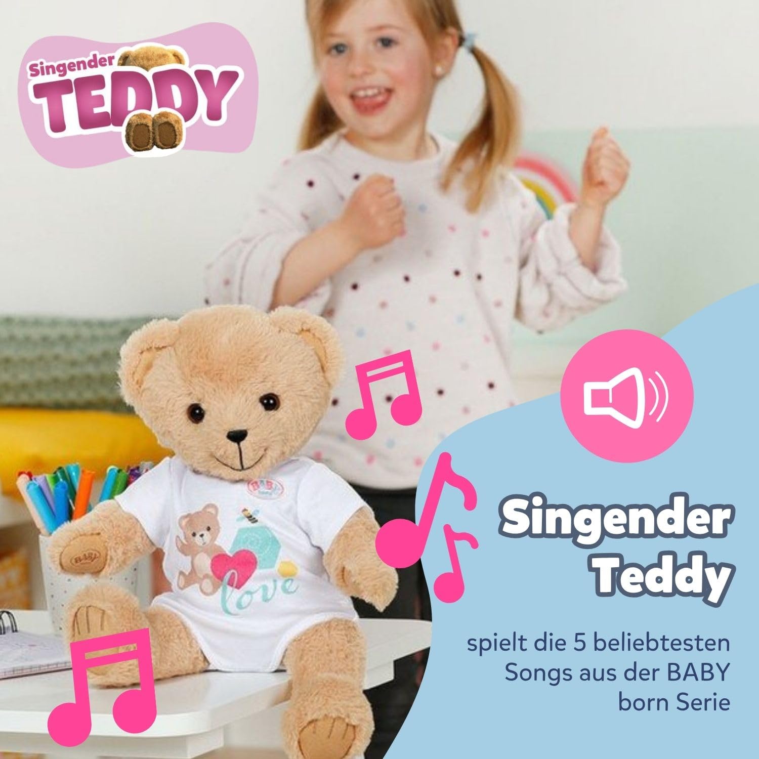 BABY Born Singender Teddy - Plüschbär mit Soundfunktion & weißem Strampler - Bewegliche Arme & Beine - Geeignet für Kinder ab 18 Monaten - singt 5 deutsche Lieder aus der Serie