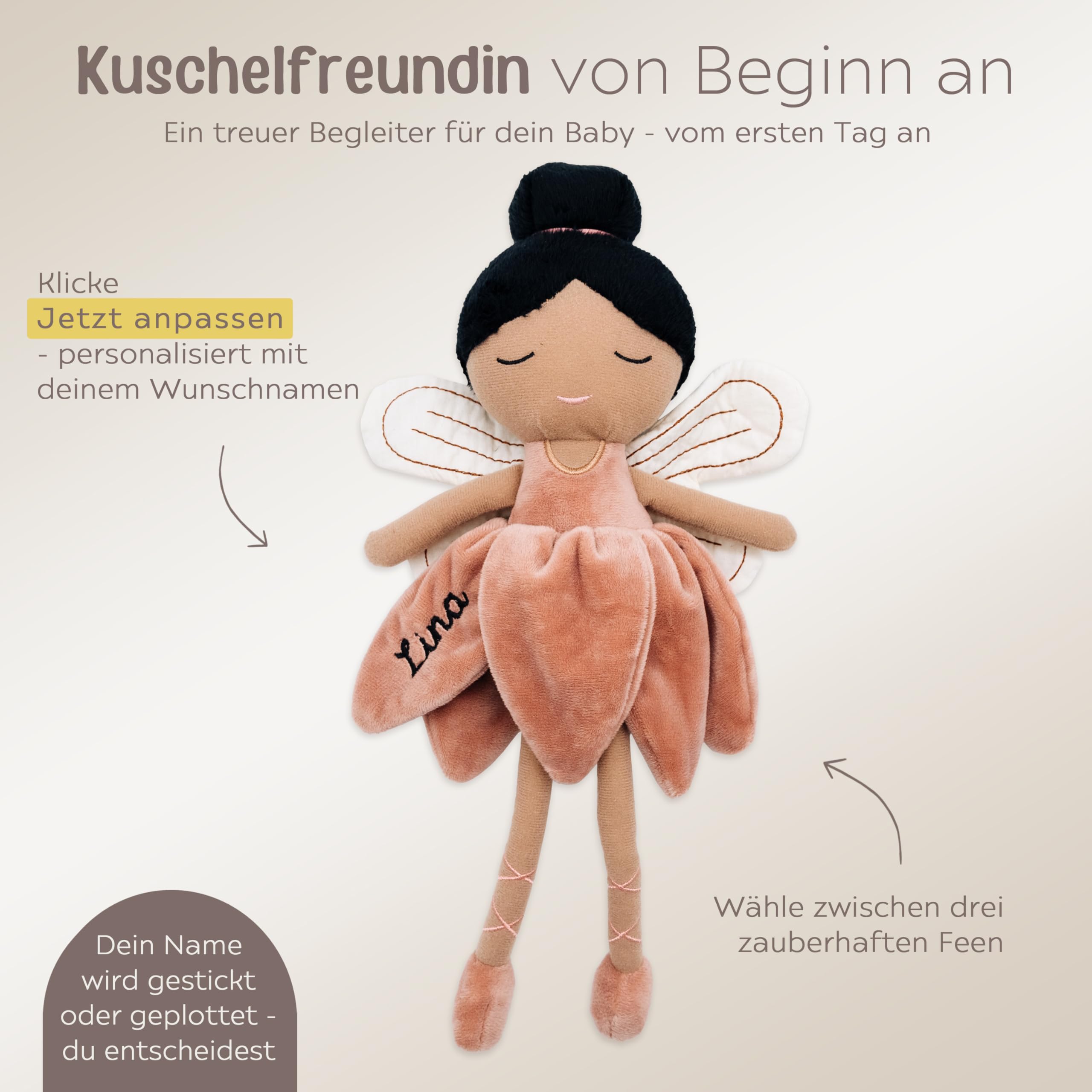 wunderwunsch personalisierte Fee als Taufgeschenk Mädchen, Fairy, Geschenk Geburt, Puppe, Baby, 1. Geburtstag Girly, Kuscheltier individualisiert (Schwarze Haare)