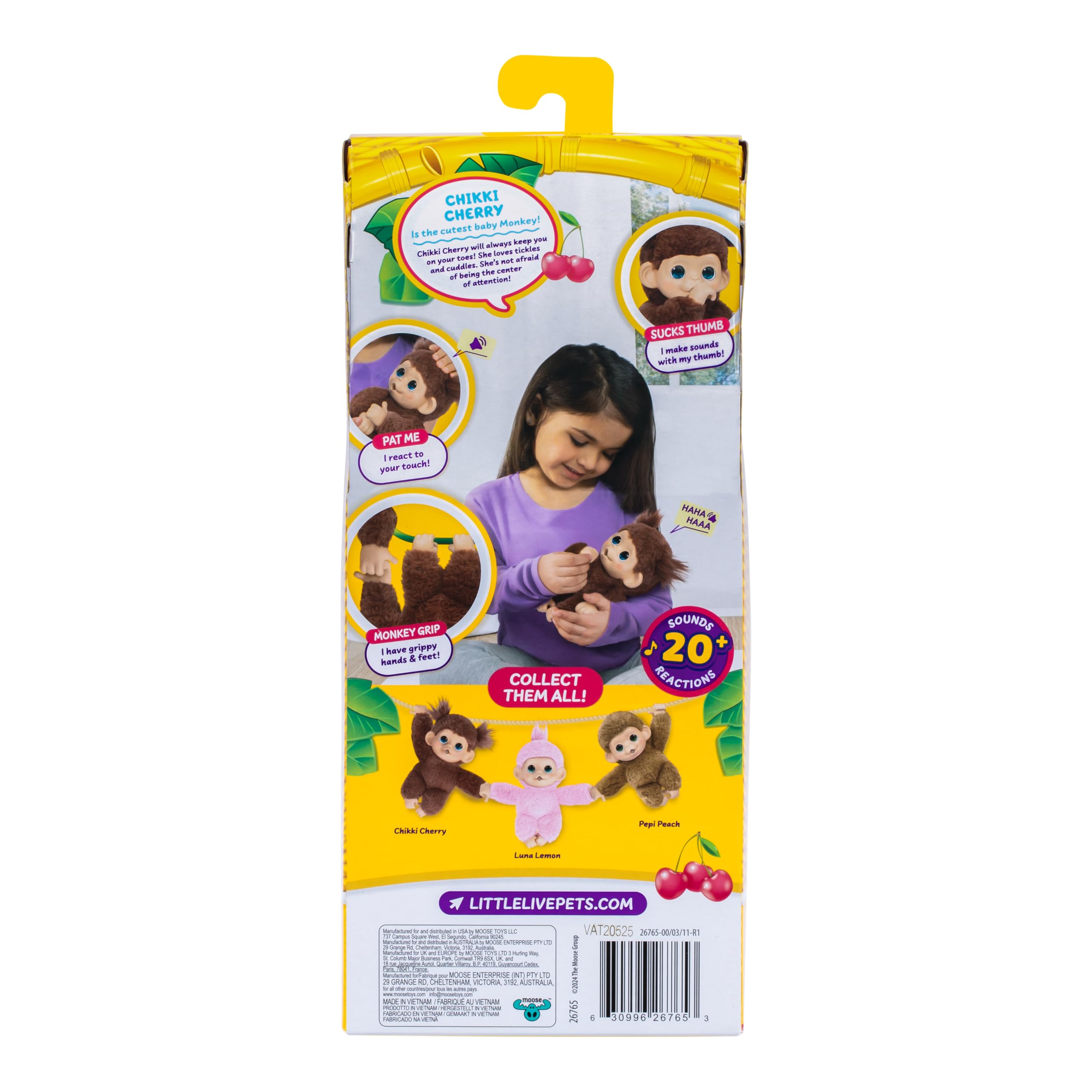 Little Live Pets Baby Monkey Minis – interaktiver Plüschaffe Chikki Cherry mit über 20 realistischen Geräuschen & Reaktionen, 18,8 cm, weiches braunes Fell und griffige Hände & Füße, sammle alle 3