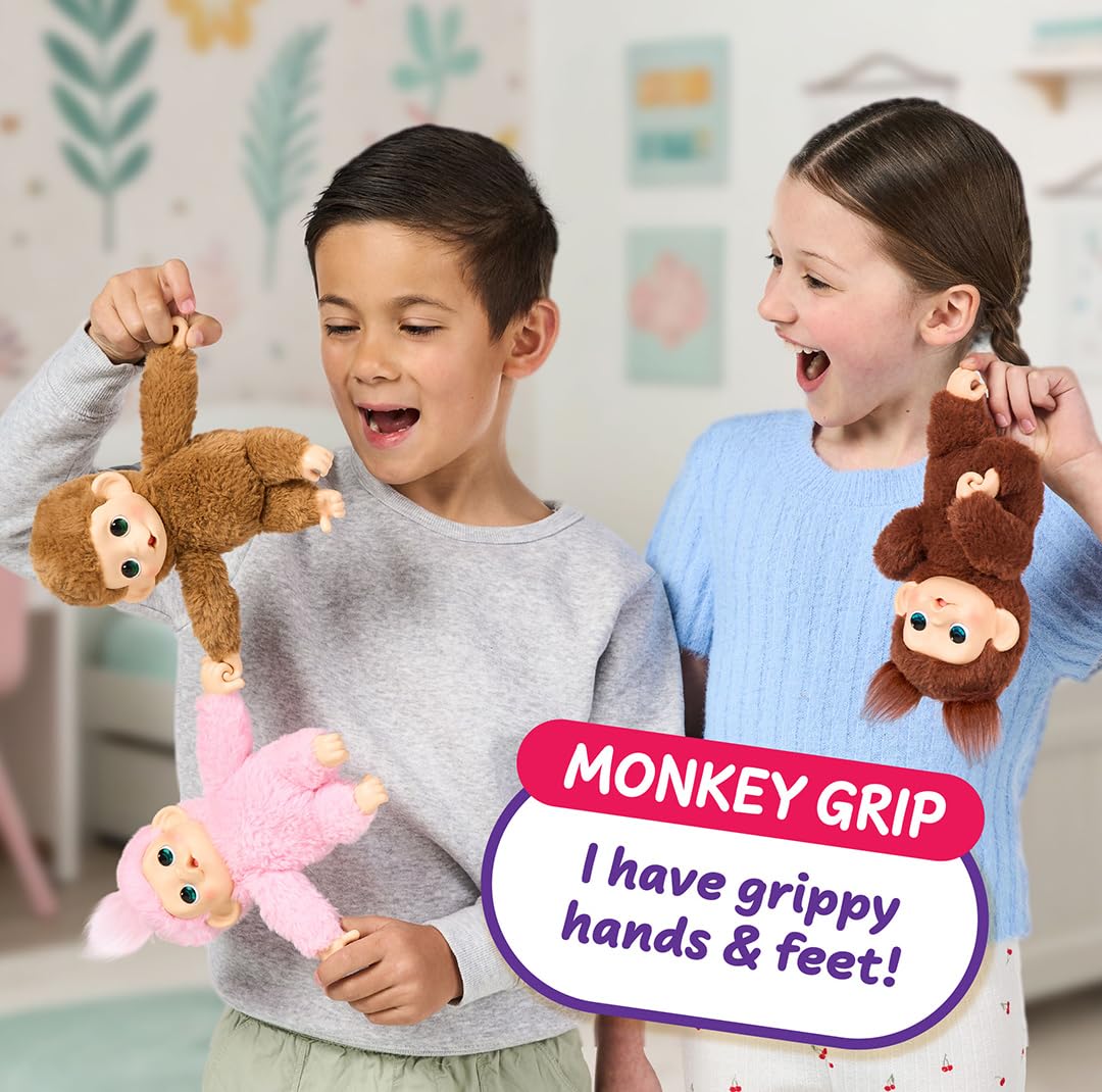 Little Live Pets Baby Monkey Minis – interaktiver Plüschaffe Chikki Cherry mit über 20 realistischen Geräuschen & Reaktionen, 18,8 cm, weiches braunes Fell und griffige Hände & Füße, sammle alle 3