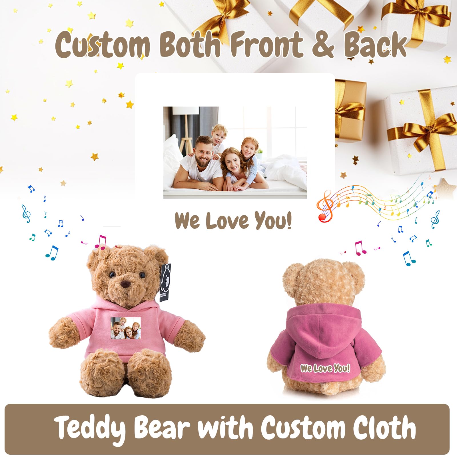 MeterBear Personalisierter Teddybär mit Aufzeichnung für Frauen Männer, Personalisierte Plüschbär mit Schleife mit Foto+Text als Geschenk für Weihnachten Valentinstag (26cm-Foto+Text)