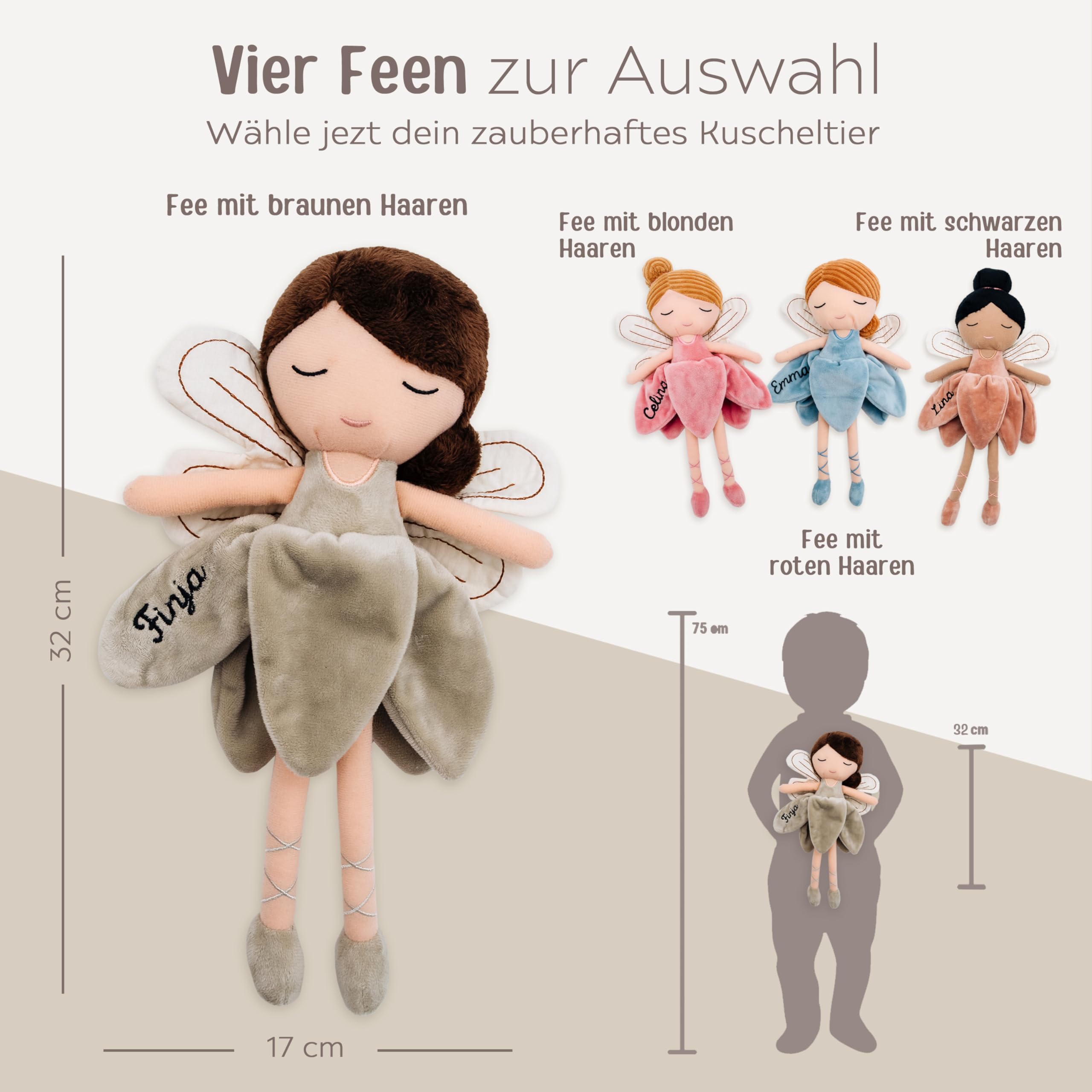 wunderwunsch personalisierte Fee als Taufgeschenk Mädchen, Fairy, Geschenk Geburt, Puppe, Baby, 1. Geburtstag Girly, Kuscheltier individualisiert (braune Haare)
