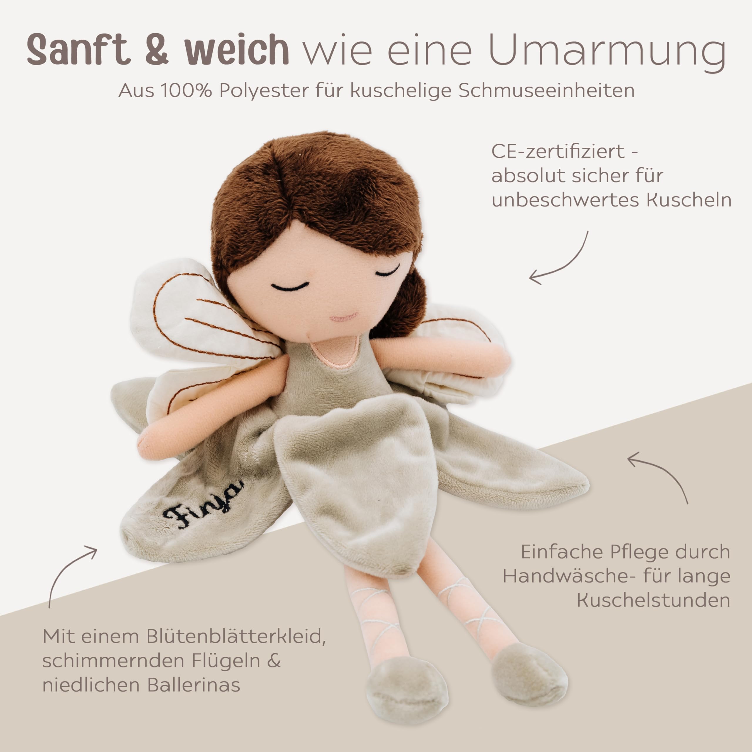 wunderwunsch personalisierte Fee als Taufgeschenk Mädchen, Fairy, Geschenk Geburt, Puppe, Baby, 1. Geburtstag Girly, Kuscheltier individualisiert (braune Haare)