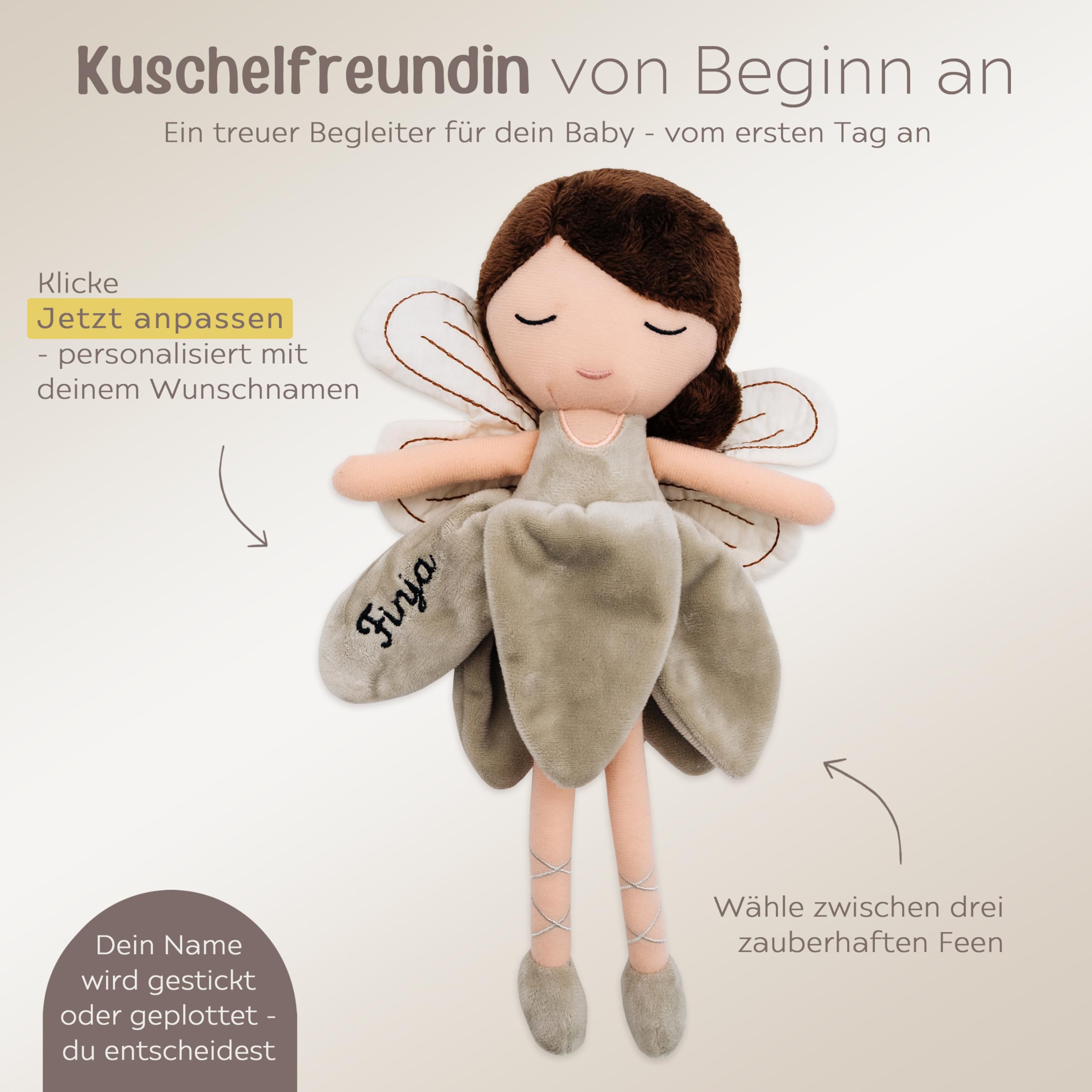 wunderwunsch personalisierte Fee als Taufgeschenk Mädchen, Fairy, Geschenk Geburt, Puppe, Baby, 1. Geburtstag Girly, Kuscheltier individualisiert (braune Haare)