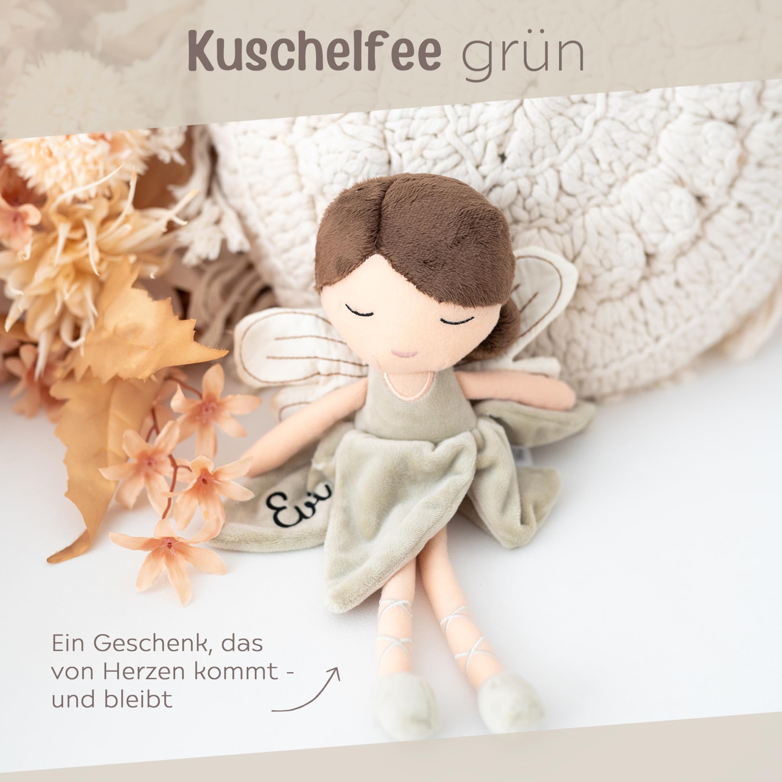 wunderwunsch personalisierte Fee als Taufgeschenk Mädchen, Fairy, Geschenk Geburt, Puppe, Baby, 1. Geburtstag Girly, Kuscheltier individualisiert (braune Haare)
