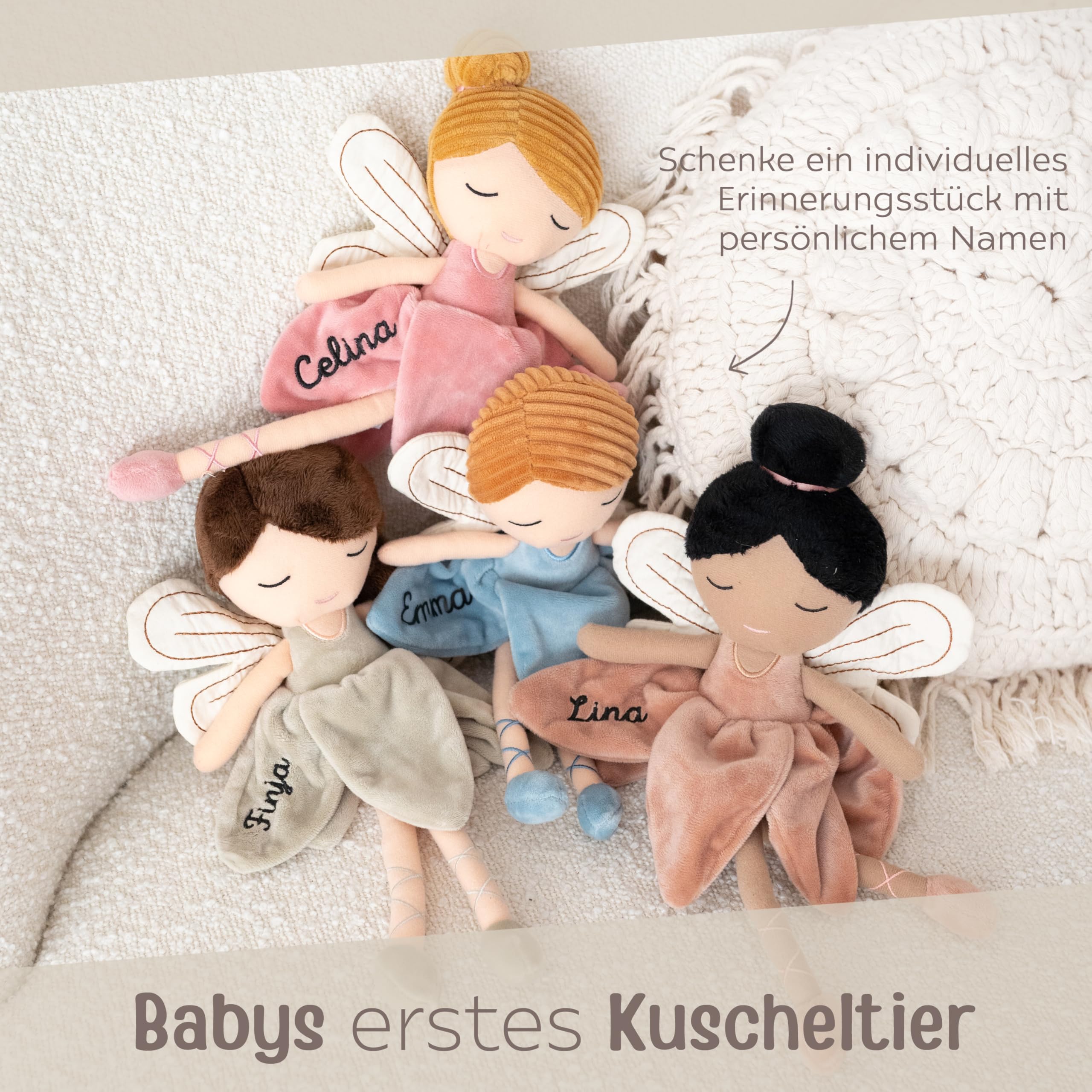 wunderwunsch personalisierte Fee als Taufgeschenk Mädchen, Fairy, Geschenk Geburt, Puppe, Baby, 1. Geburtstag Girly, Kuscheltier individualisiert (braune Haare)