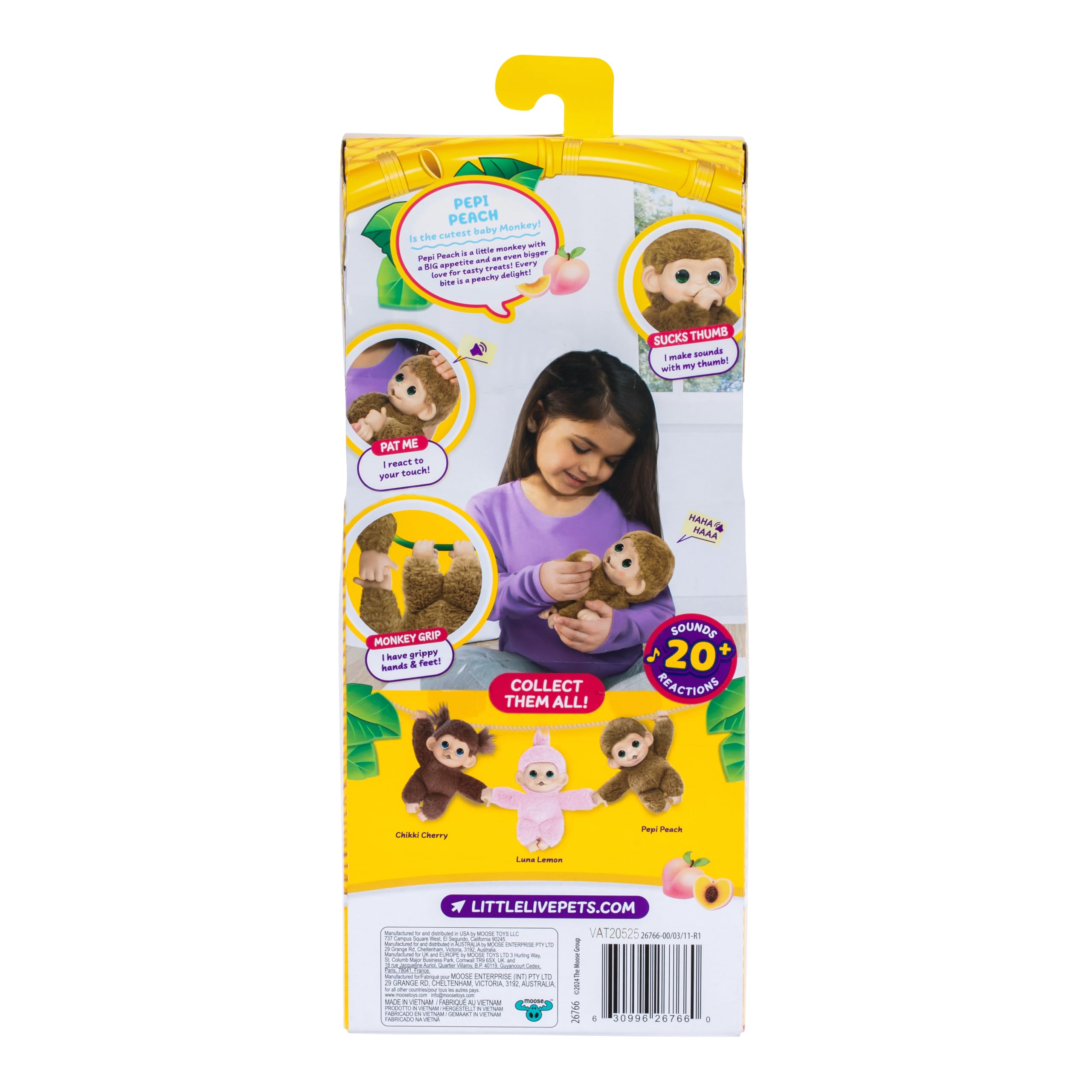 Little Live Pets Baby Monkey Minis – interaktiver Plüschaffe Pepi Peach mit über 20 realistischen Geräuschen & Reaktionen, 18,8 cm, weiches braunes Fell und griffige Hände & Füße, sammle alle 3