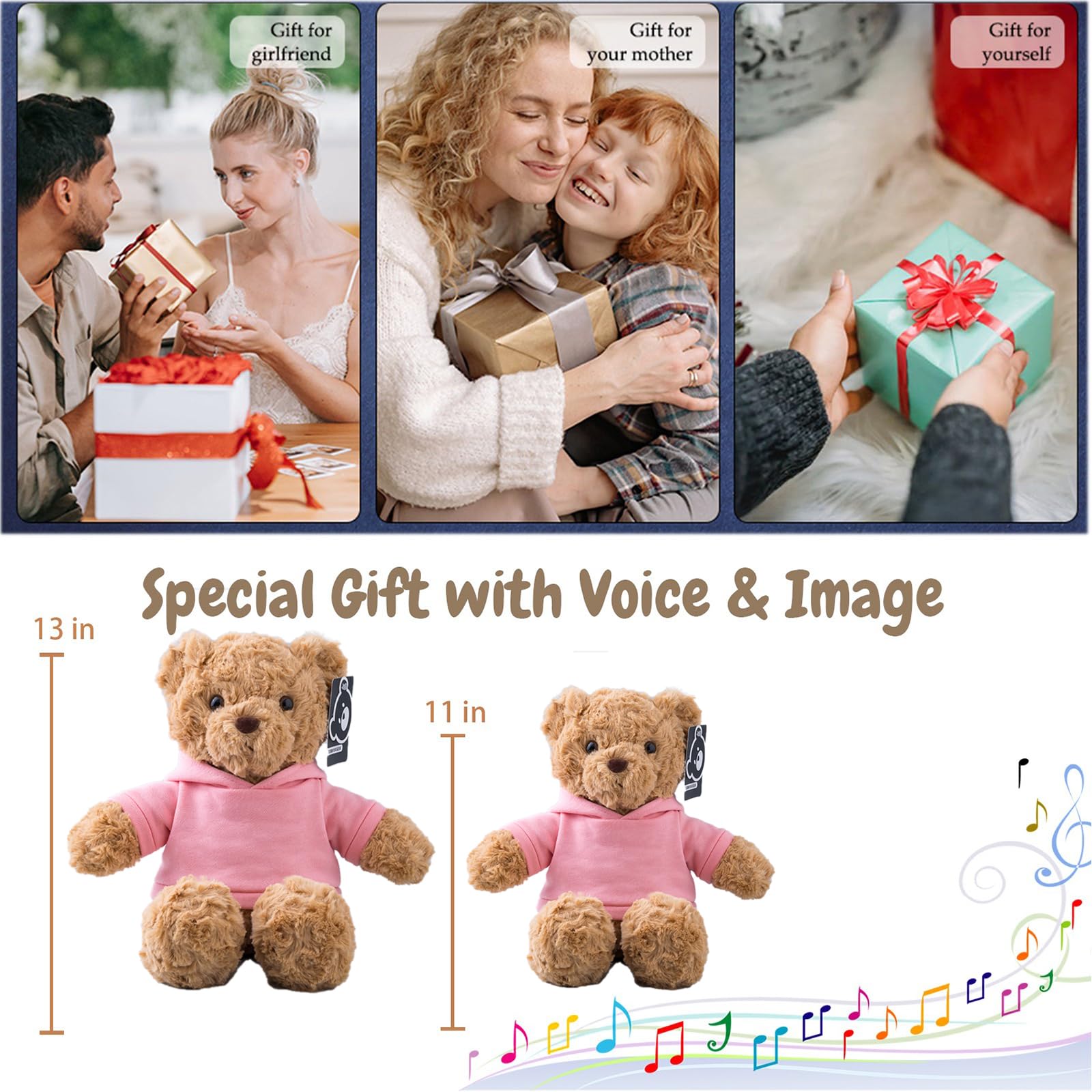 MeterBear Personalisierter Teddybär mit Aufzeichnung für Frauen Männer, Personalisierte Plüschbär mit Schleife mit Foto+Text als Geschenk für Weihnachten Valentinstag (26cm-Foto+Text)
